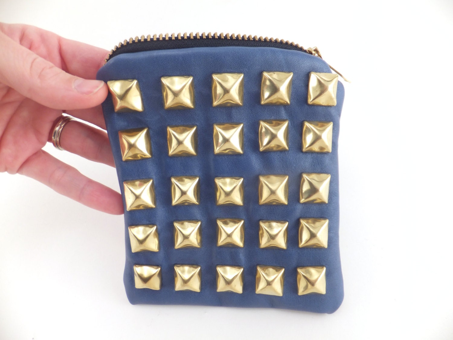 Blue Leather and Brass Studded Pouch //  Blue Zipper Wallet // Metal Zipper // Striped Lining //