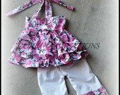 Pink Floral Boutique Style Ruffle Top Halter Style  Capri Set size NB 3  6 9 12 24 months, size 2 3 4 5 6