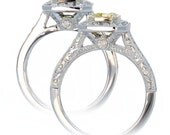 18 Karat White Gold Radiant Cut 7x5 mm Bezel Set Yellow Sapphire Diamond Halo Cathedral Engagement Anniversary Ring with Hand Etching