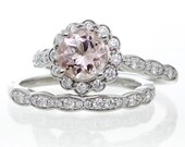 Bridal Set 18K White Gold 7mm Round Morganite Vintage Design Scalloped Diamond Halo Style Engagement Anniversary Ring with Matching Band