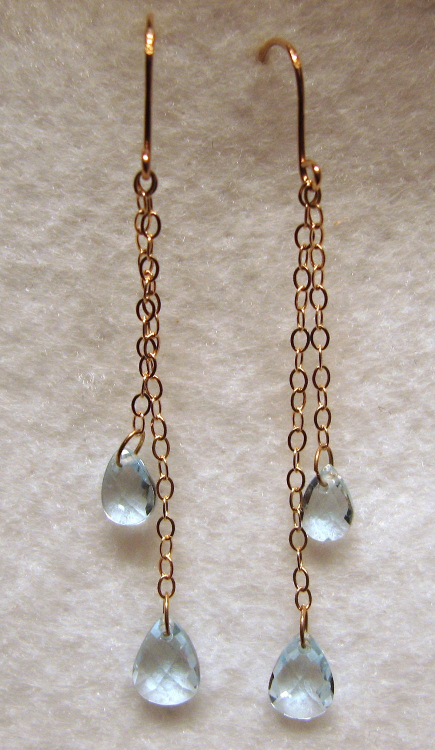 LONG and DELICATE Earrings with Blue Topaz Briolettes on 10k Gold Chains