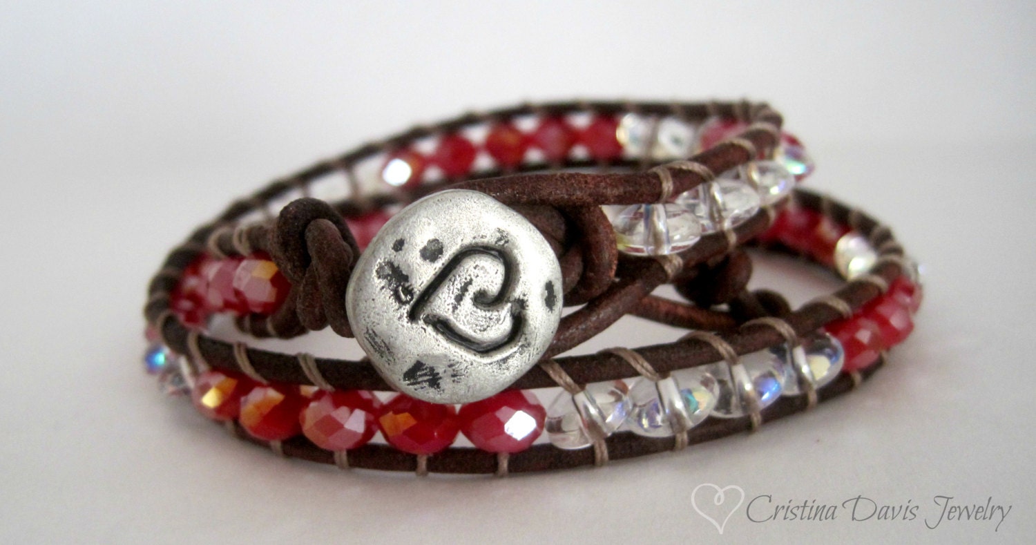 Leather Wrap Bracelet, Red and White, Heart, Boho Chic, Sparkle Jewelry