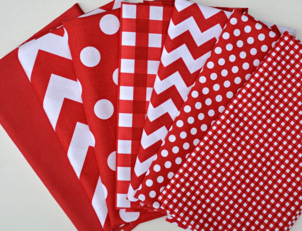 Fat Quarter Bundle -  Riley Blake Chevron, Dots and Gingham in Red and White - 7 Fat Quarter Pieces (1.75 YARDS TOTAL)