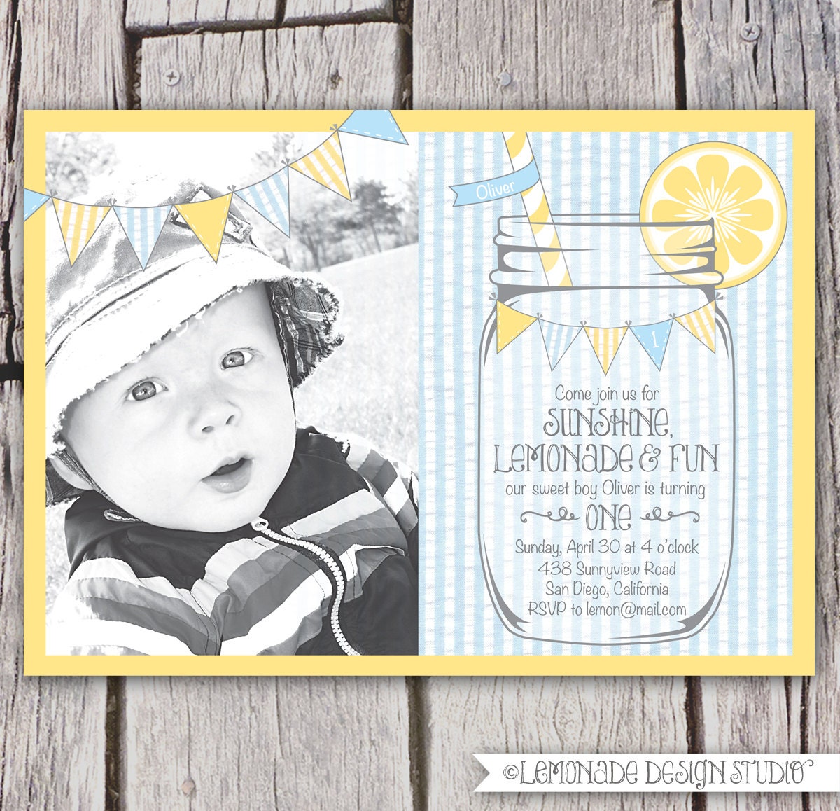 Mason Jar and Seersucker Invitation - Printable Baby Shower Invitation - Lemonade - Bunting - Baby Boy - Bridal Shower or Birthday Party