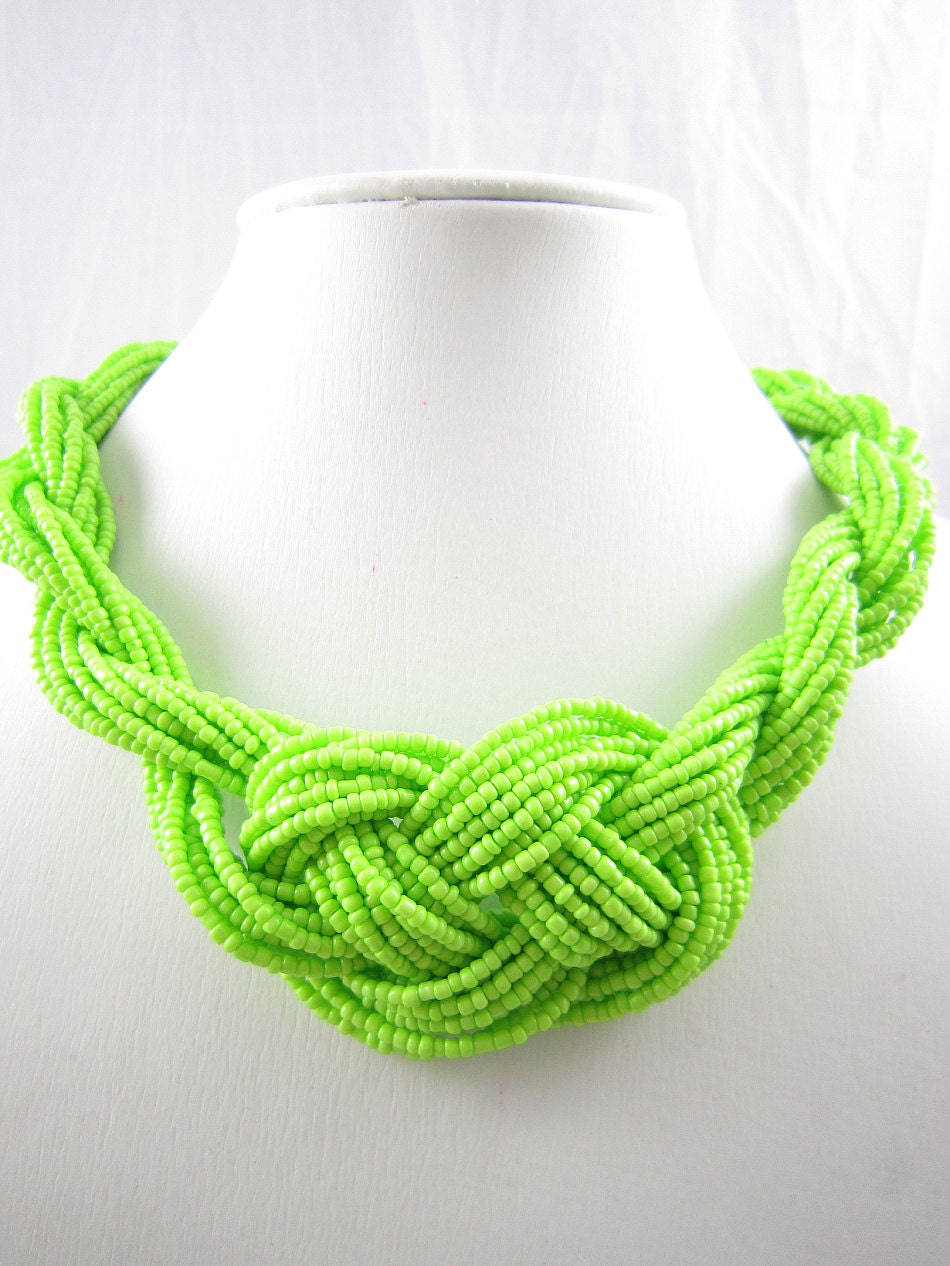 Green Beaded Necklace-2013 Statement Jewelry Necklace Knot Necklace Seed Beadwork Necklace Choker Collar Necklace Bridesmaid Bride Necklace