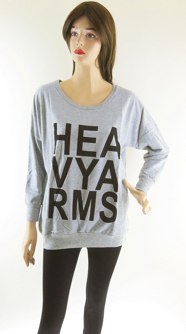 Heavy Arms Text Fashion Unisex Long Sleeved Two Side Pockets Gray T-Shirt Screen Print Size L