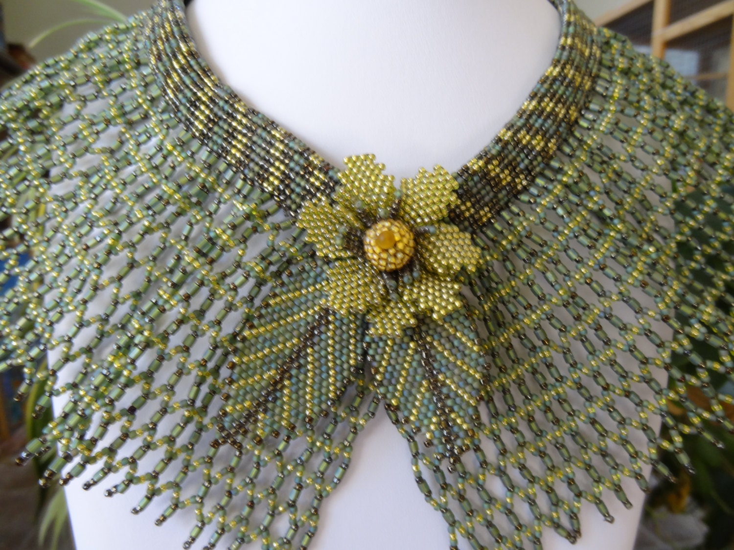 Size Large, Moss Greens and Brown Hematite Netted Collar with Flower and Leaves