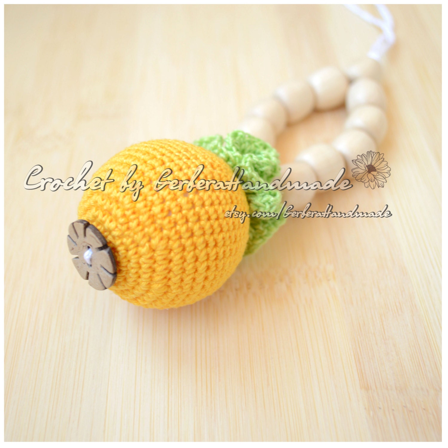 Yellow Sling toy - teething crochet rattle - Wooden teether - Motor skills development baby shower gift READY TO SHIP