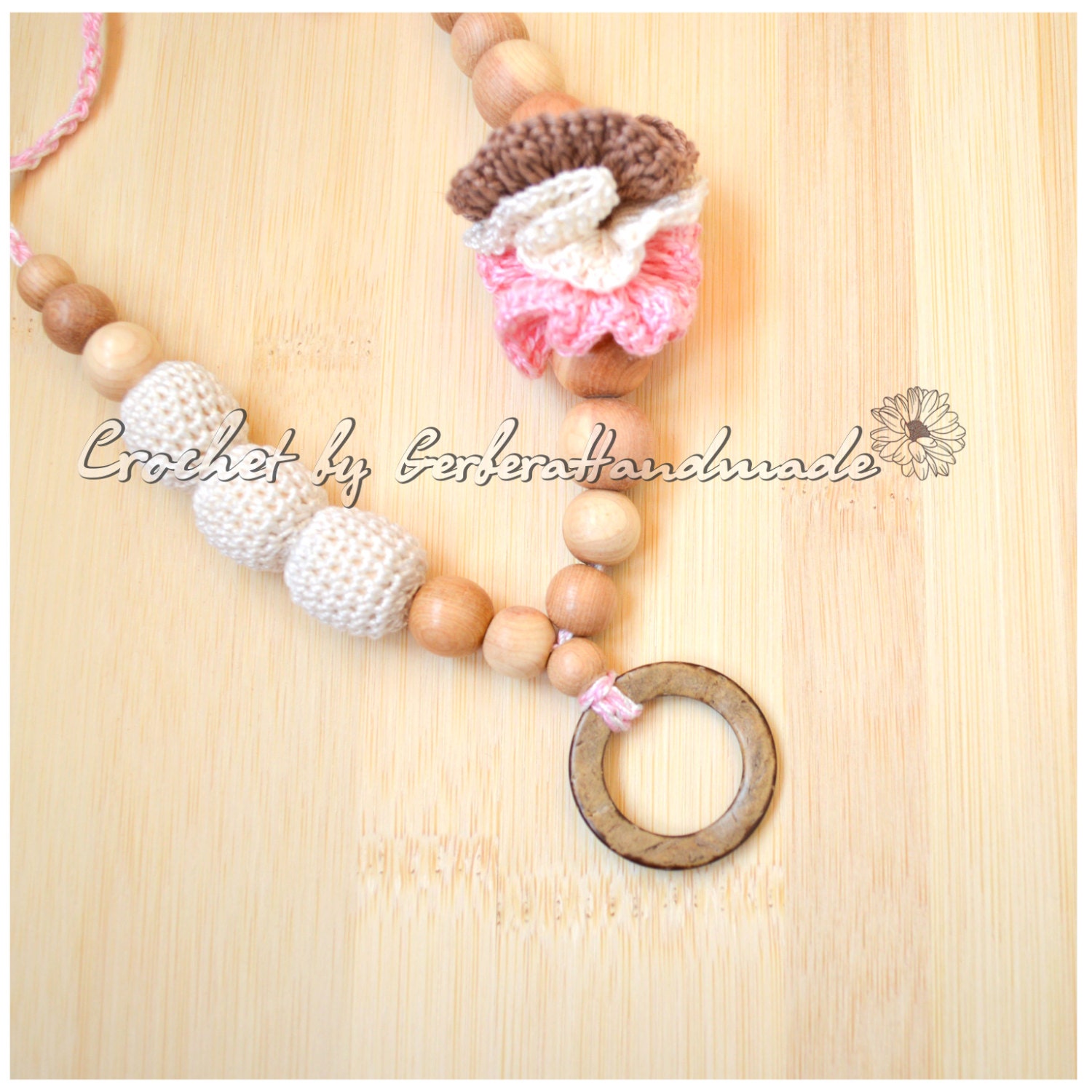 Teething necklace / Nursing necklace / Breastfeeding Necklace / Crochet Necklace for mom pink cream brown