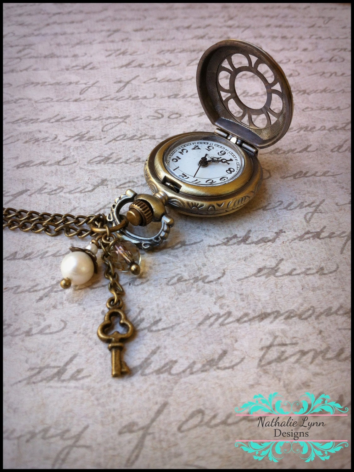 Pocket Watch Necklace, Antique Brass Necklace, Key Necklace