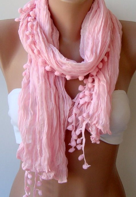 Elegant scarf Cotton scarf pink scarf Batik scarf pompom