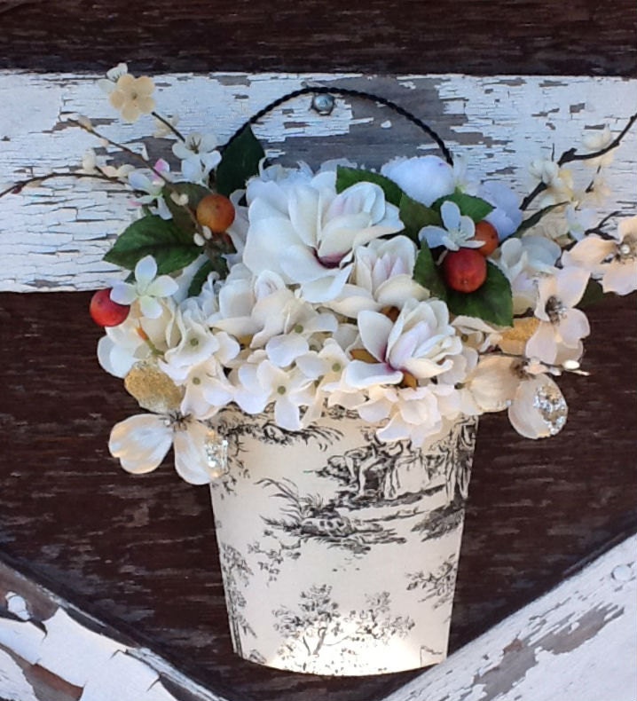 Silk Floral Wall Arrangement in Vintage Container Home Decor
