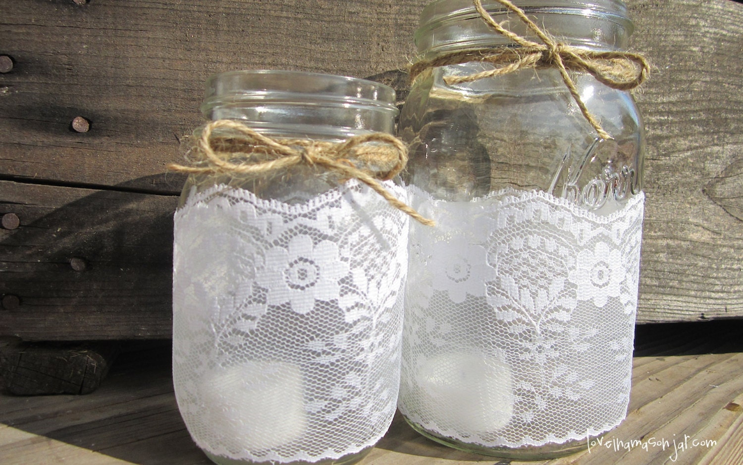 Mason Jar Lace Candle Holder - Vase - Wedding Centerpiece - Decor (set of 2)