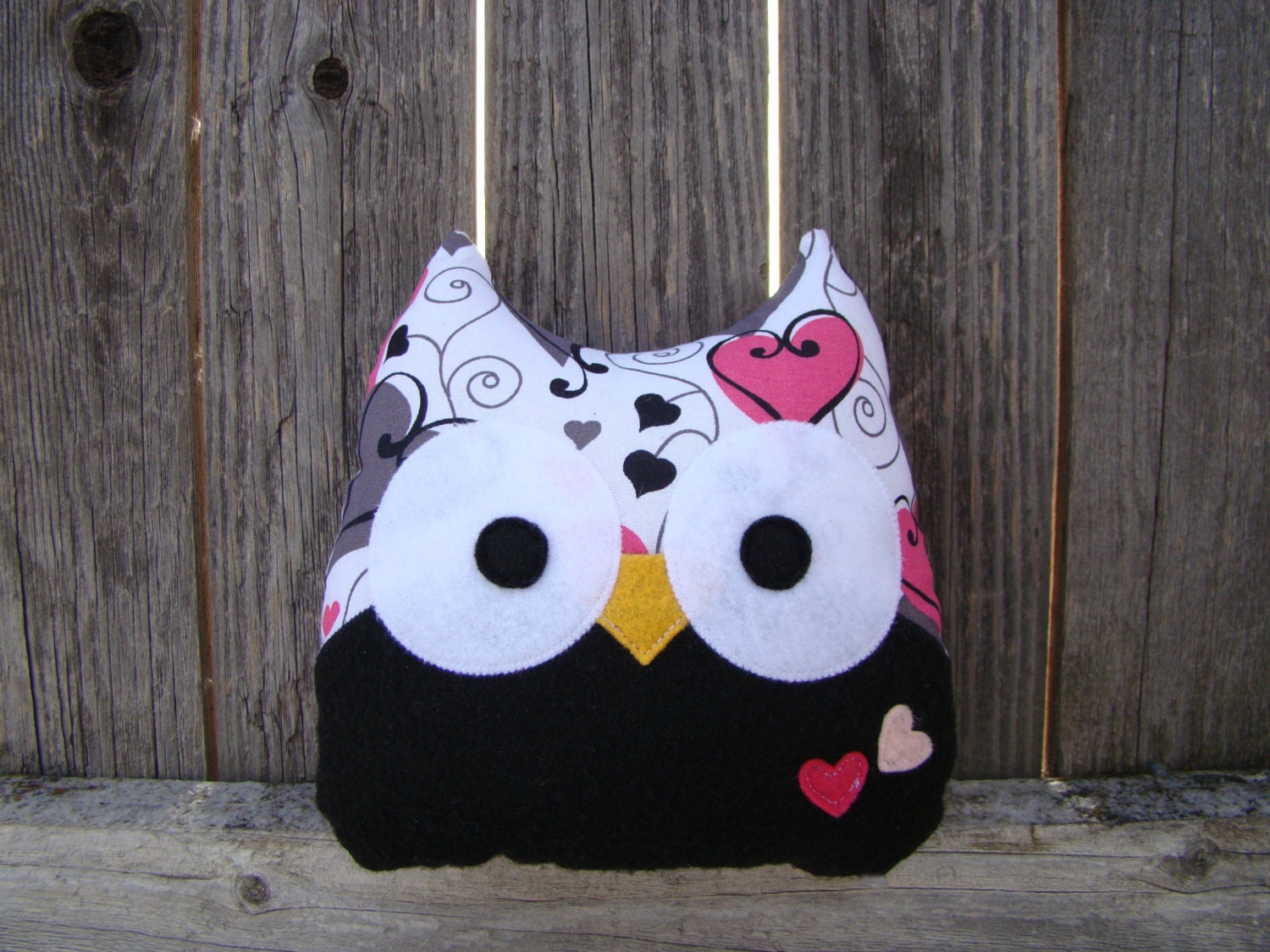 owl plush, large stuffed owl,  black white and hearts