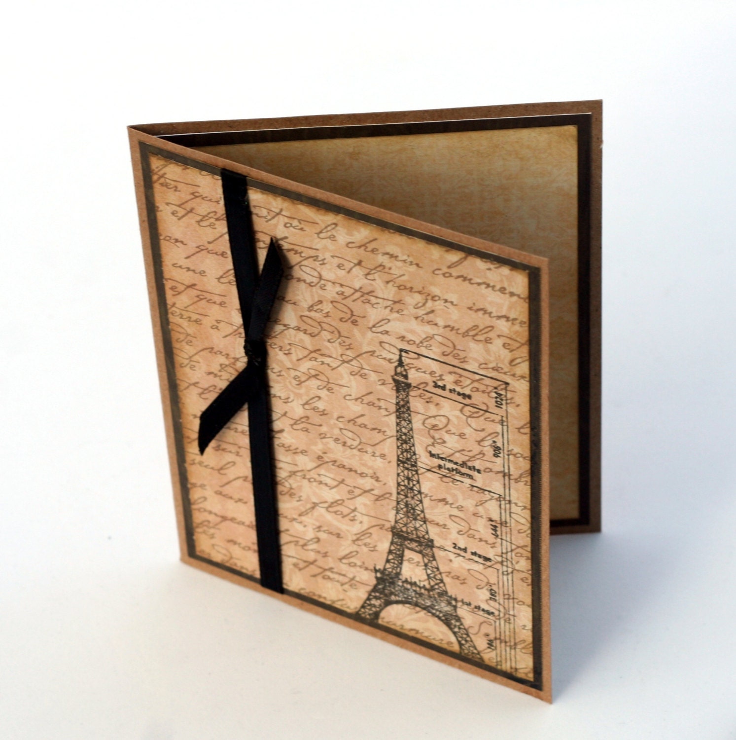 Eiffel Tower note card, Paris France, French script blank card, bon voyage hand stamped card