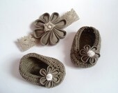 LINEN SET- Shoes, Headband, Linen Baby Girl Flower Shoes and Headband, Baby Girl Gift, Christening/Blessing Baby Shoes, Made to order