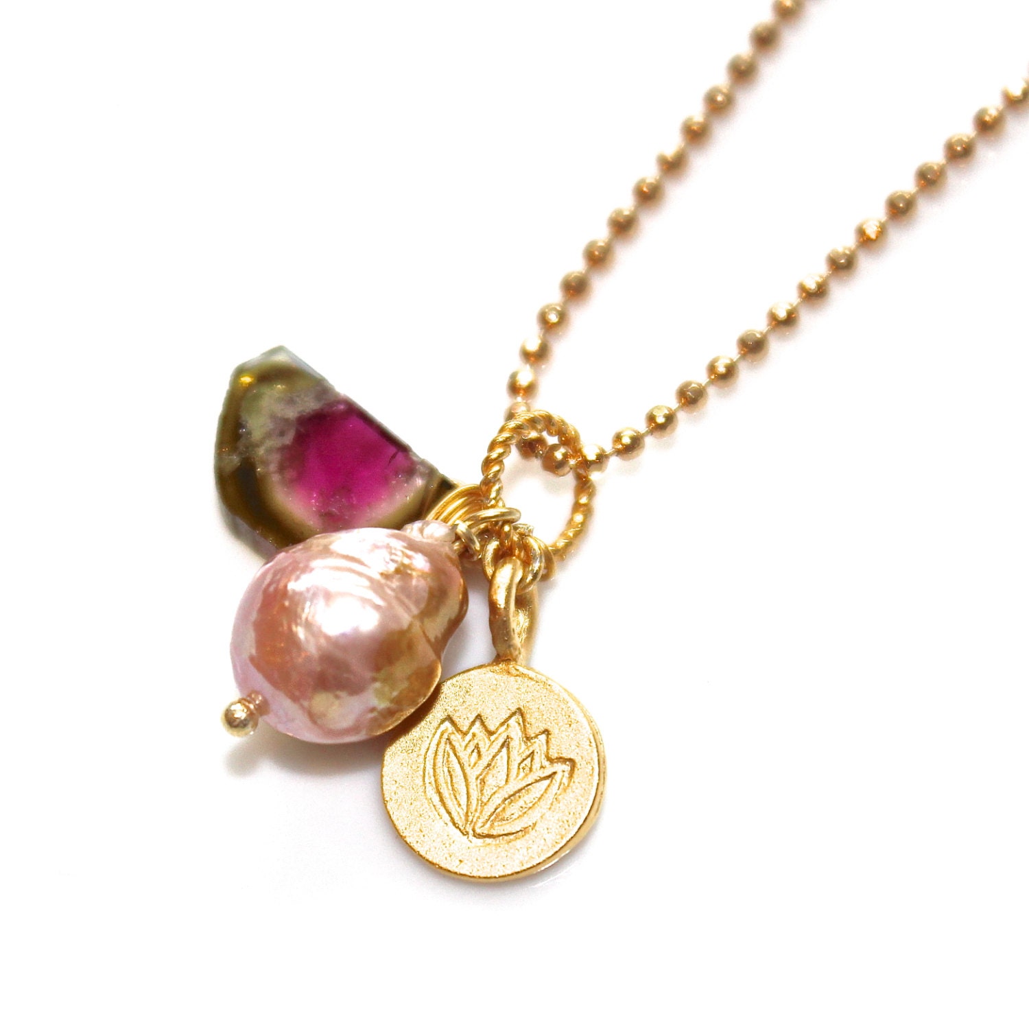 Watermelon Slice Necklace Kasumi Style Pearl Gold Lotus Flower Charm Necklace Gemstone Jewelry