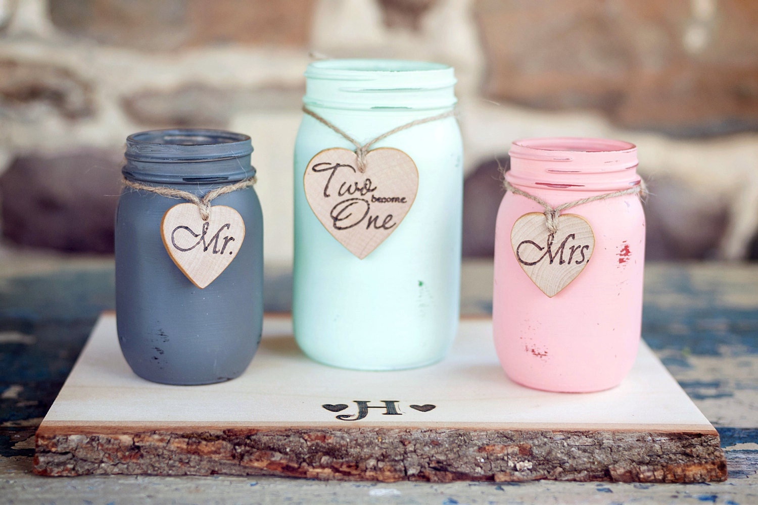 Fair Dinkum - Home and Wedding Decor - Painted and Distressed Mason Jars - Vase - Mint, coral and dark taupe