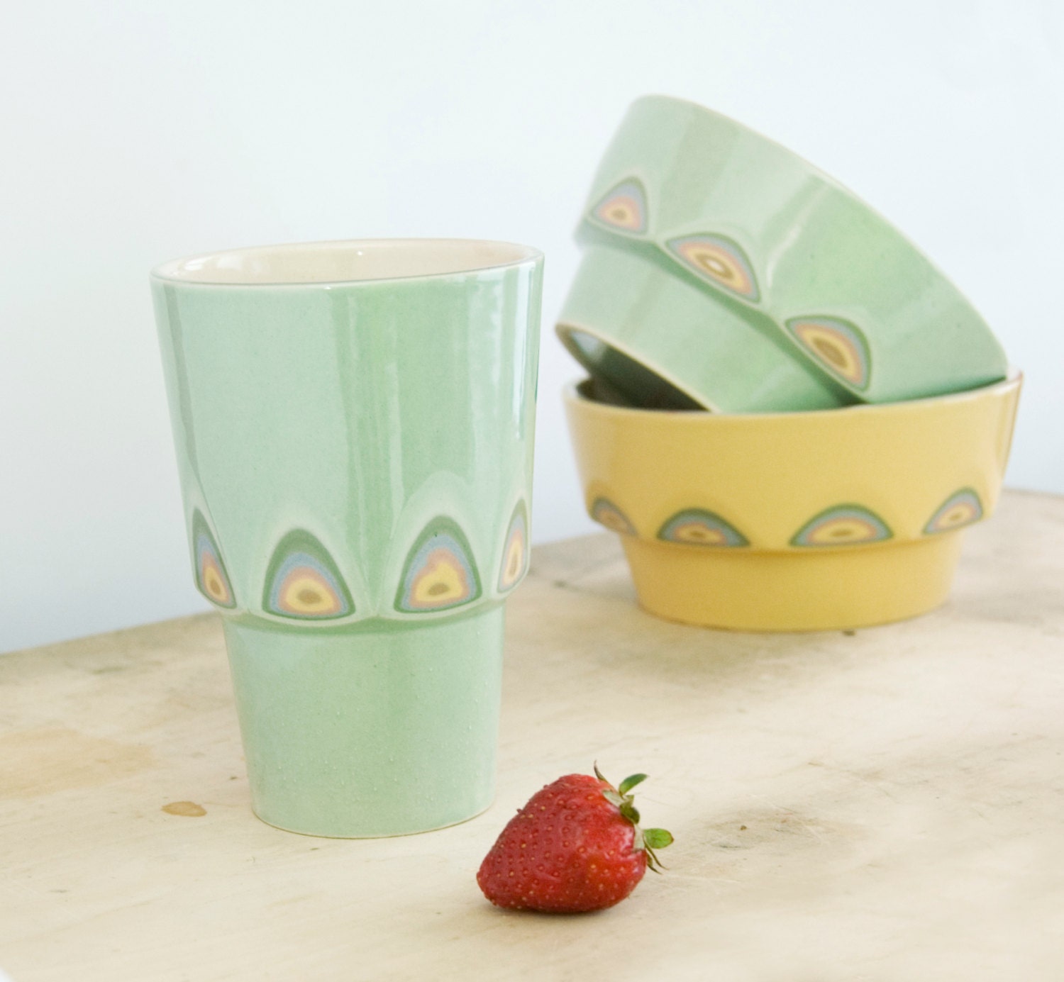 Ceramic stoneware cocoa cup coffee tea mug - unique handmade serving decorative textured kitchen pottery modern morning coffee - ecru green