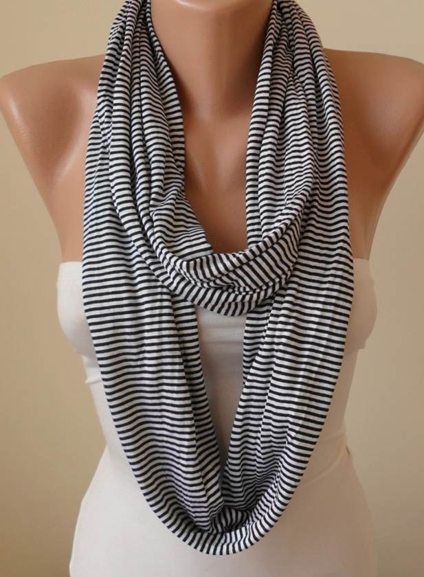 Black - Thin Striped Infinty Scarf  - Circle -  Loop Scarf - Combed Cotton Fabric
