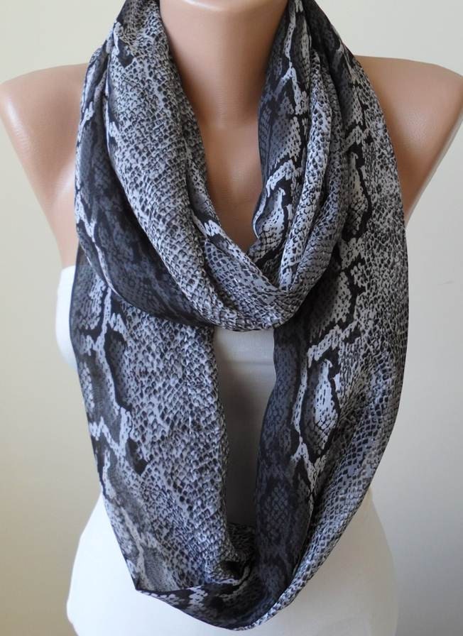 New - Gift - Gray Snake Skin - Circle -  Loop Scarf - Chiffon Fabric