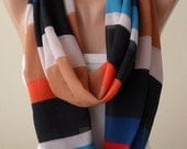 Orange - Dark Blue Infinity Scarf -  Chiffon Fabric