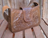 Hand tooled Leather Purse hand made Rose floral pattern Brown handbag boho shoulder strap 70s 80s 90s