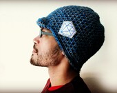 Blue Grey Brimmed Hand Crocheted Beanie with Diamond Detail