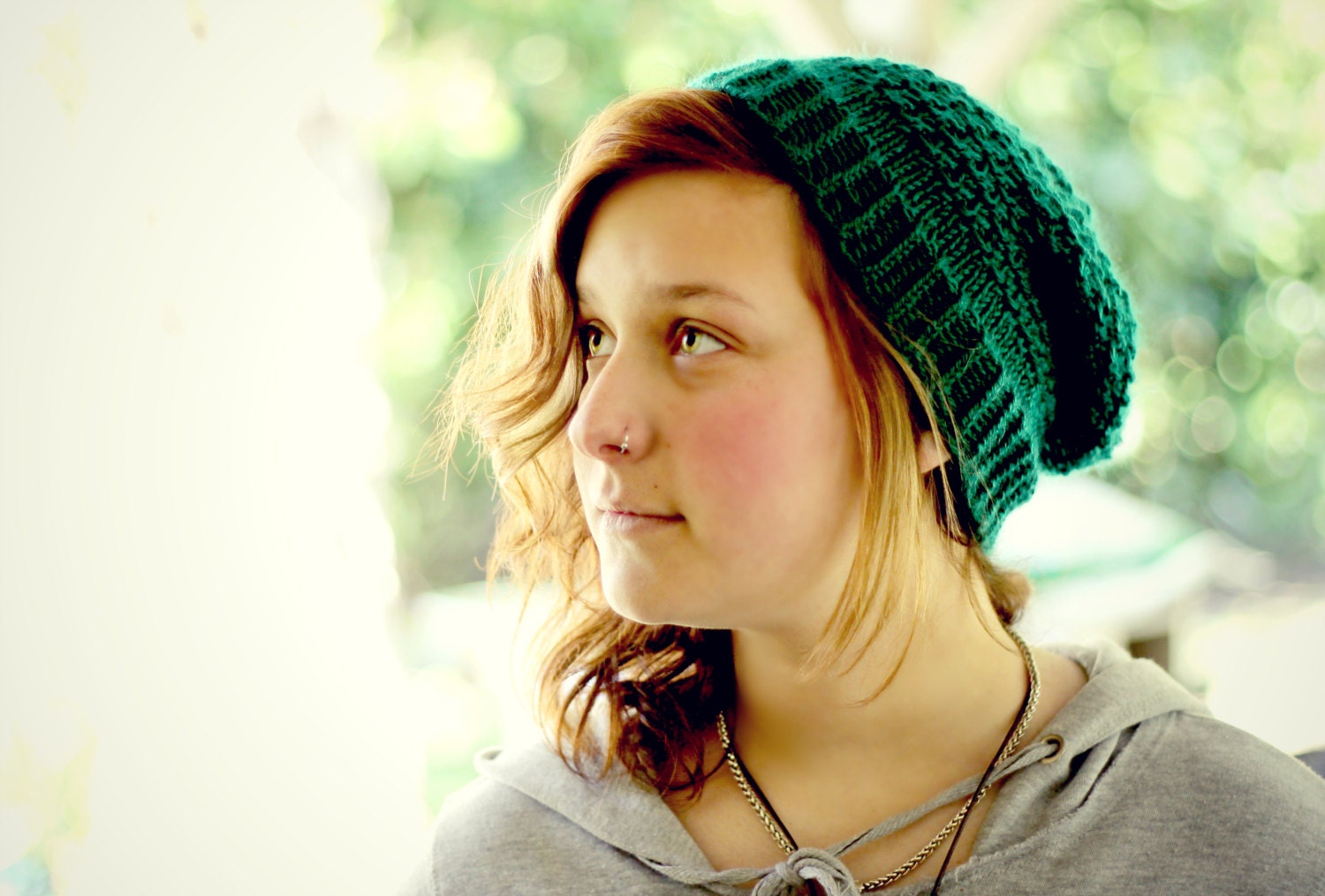 Turquoise Handknit Vegan Slouchy Beanie
