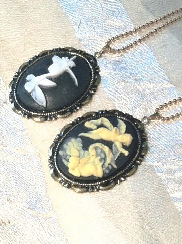 Convertible Cameo Brooch Pendant Necklace Angels Cupids Fairy Butterfly Antiqued Brass With Chain