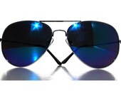 Cobalt Blue Mirrored Aviators, Vintage Aviator Sunglasses, Black Frame, Spring 2013, Small Size, Unisexxxy Men Women