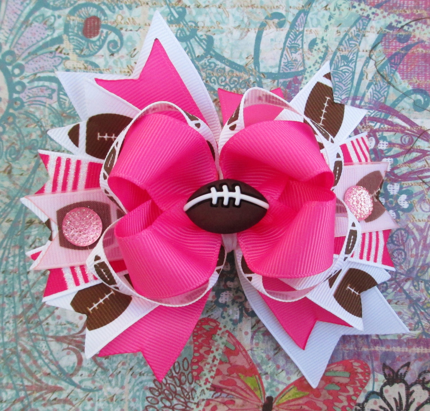 Football hair bow pink girls summer fun cute headband hot pink printed ribbon pinwheel over the top boutique hair clip