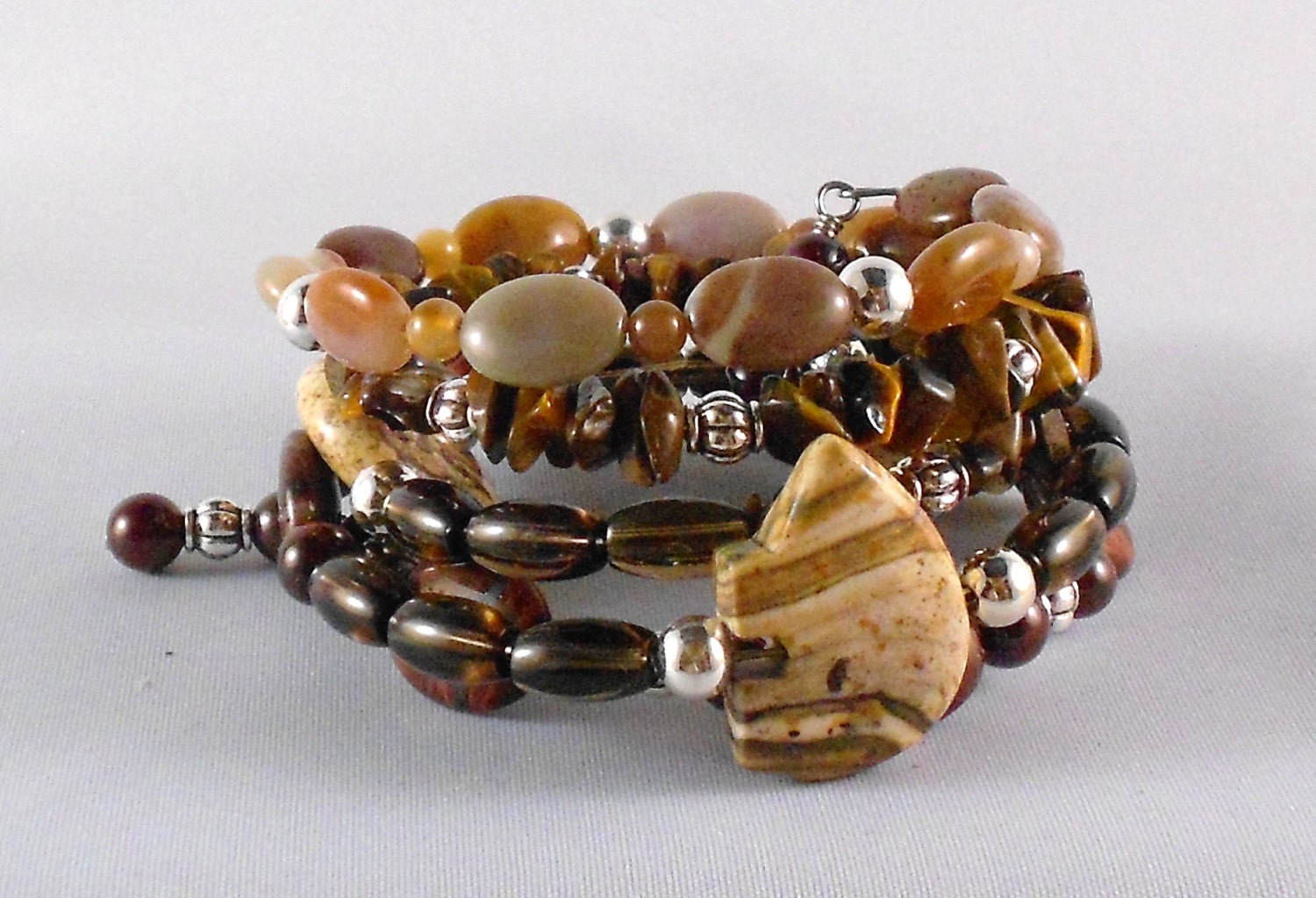 Zuni Bear Picture Jasper Tiger Eye Garnet Memory Wire Bracelet