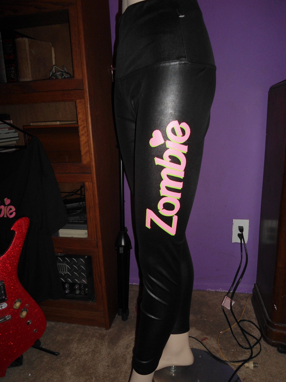 Zombie print faux leather pleather wet look leggings