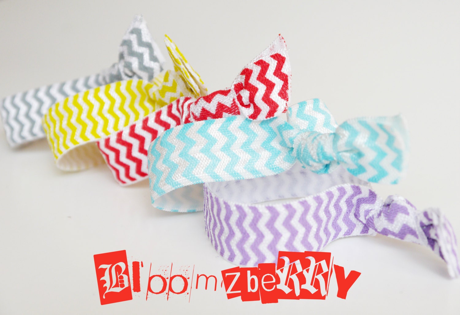 5 pcs CHEVRON PRINT Elastic Knotted Hair Ties  - Blue, Yellow, Red, Gray and Grape-  Toddler to Adult