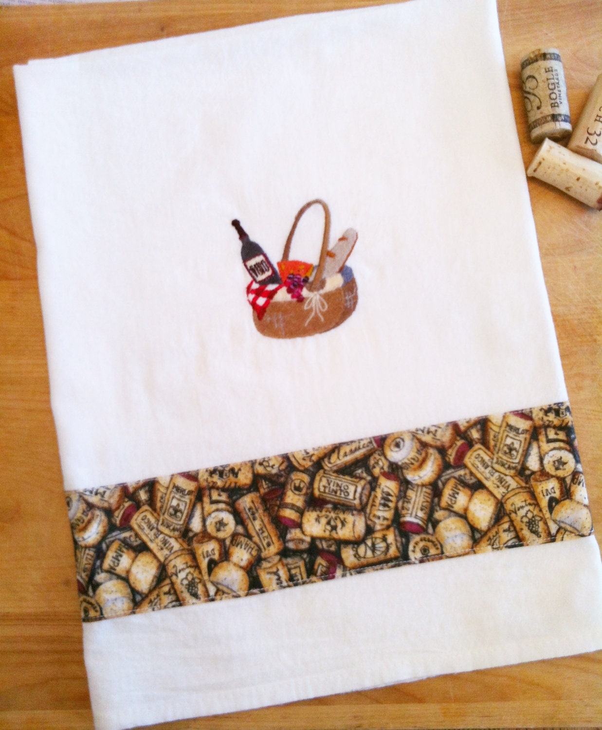 Embroidered dish towel WINE / PICNIC theme, flour sack style