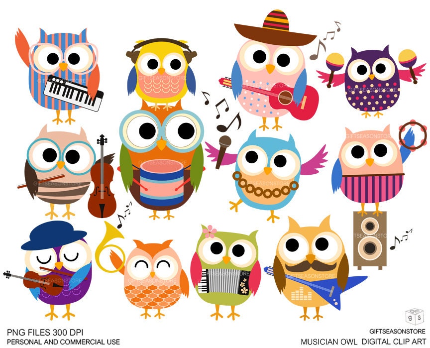 Musician owls Digital clip art for Personal and Commercial use - INSTANT DOWNLOAD