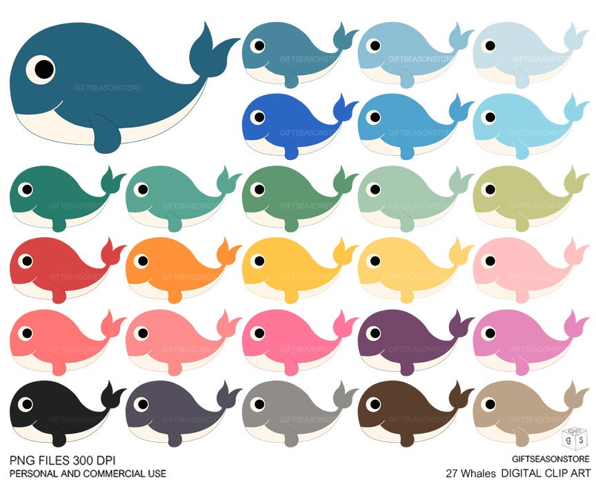27 Whales Digital clip art for Personal and Commercial use - INSTANT DOWNLOAD
