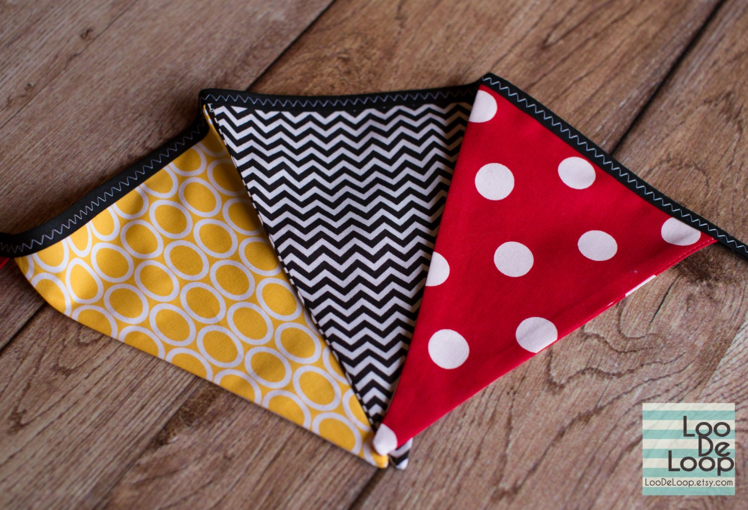Mickey Mouse Clubhouse Fabric Party Bunting Banner in red, yellow and black white chevron