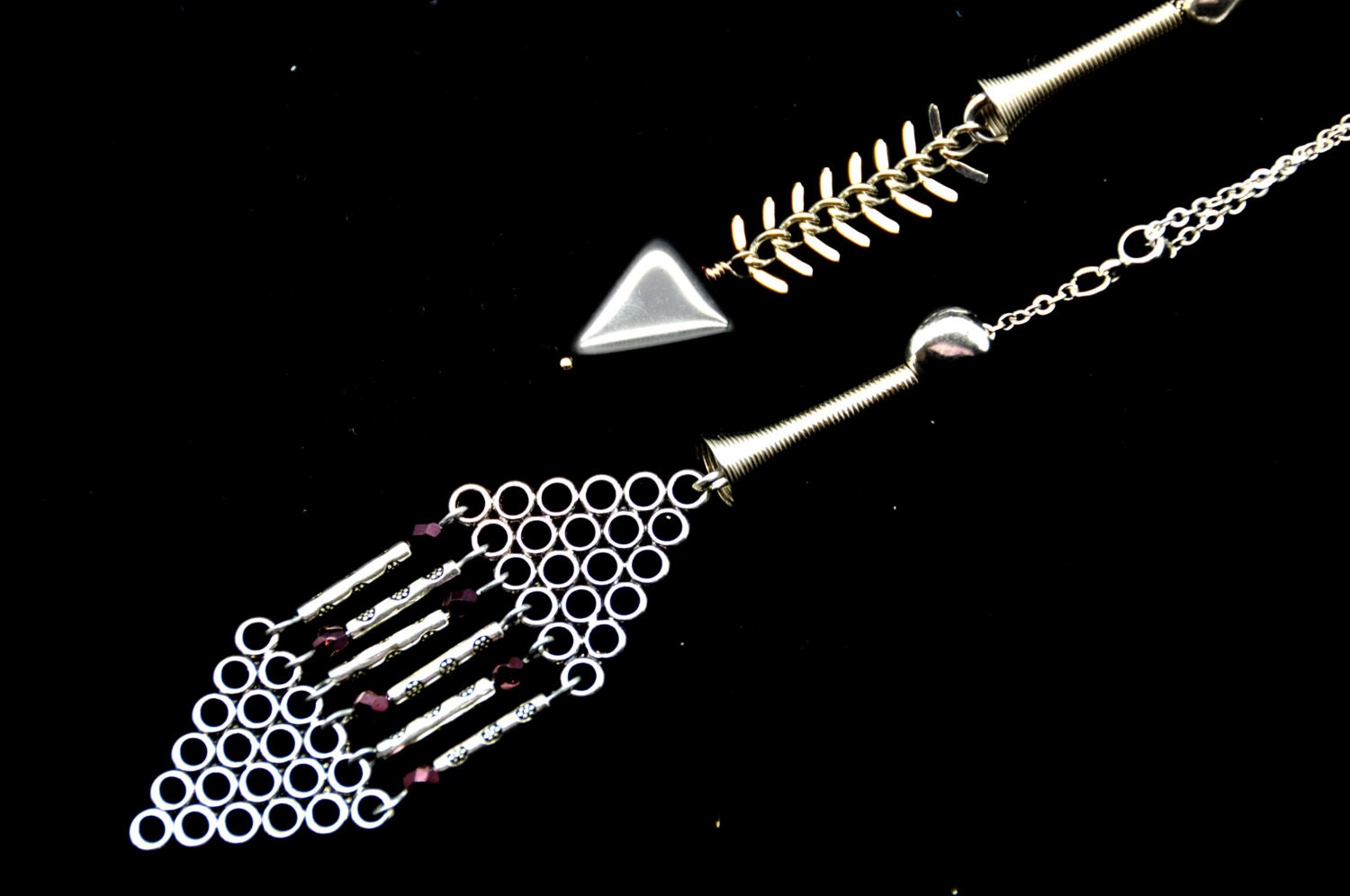 RESERVED- Imagination is your limit necklace made with black and red czech crystals and silver toned brass filigrees