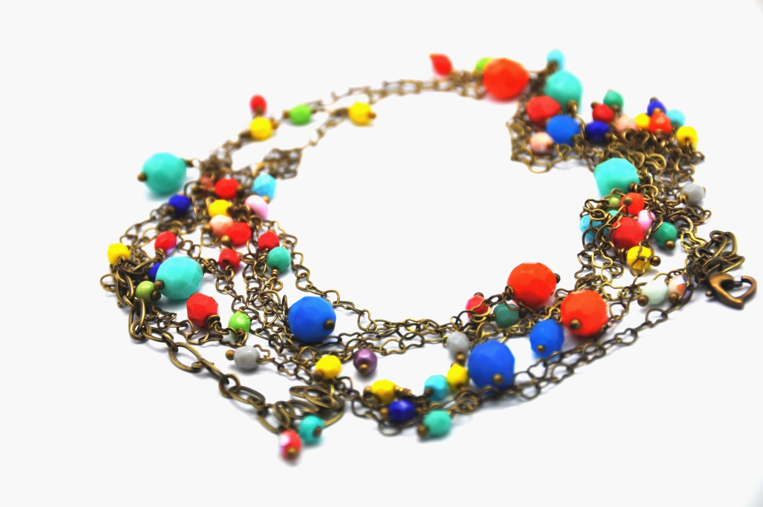 Joyful necklace made with multicolor Faceted Czech glass beads, and a delicate antiqued brass chain made with hearts