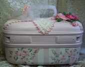 Vintage Refurbished Train Case - Handpainted Roses - Totally Relined - HM Satin Roses Pink