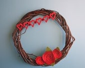 Red Hearts and Flowers Grapevine Wreath