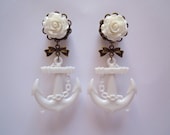White Rose and Anchor Plugs with Antique bronze filigree and bow 9/16g (14mm) or 5/8' (16mm) plugs for stretched ears by Gauge Queen