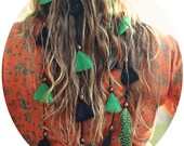Leather and Feather Native Headband with Green and Black Feathers Hippie Boho Gypsy Temptress - Headpiece / Headdress