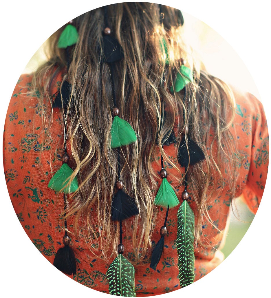 Leather and Feather Native Headband with Green and Black Feathers Hippie Boho Gypsy Temptress - Headpiece / Headdress