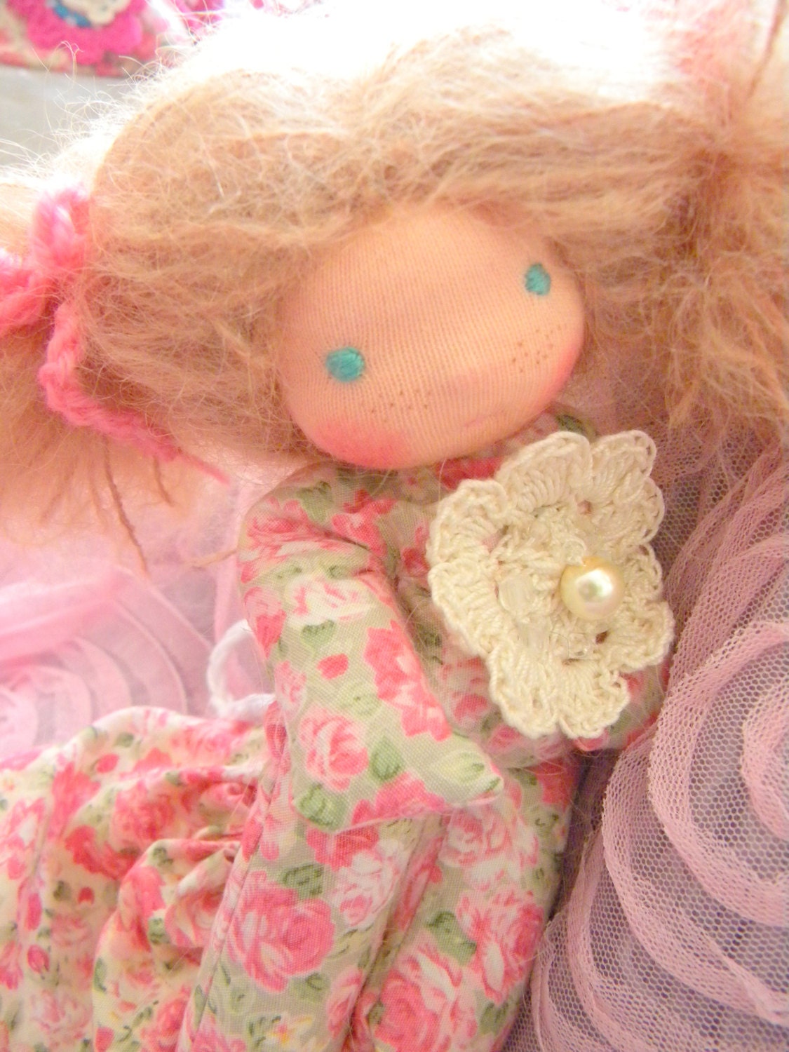 Pandora  is a beautiful  just over 6 inches  Waldorf doll  in a string  cotton bag