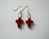 Drop earrings with red glass cross and silver coloured wires