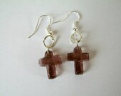 Drop earrings with lilac glass crosses and silver coloured wires