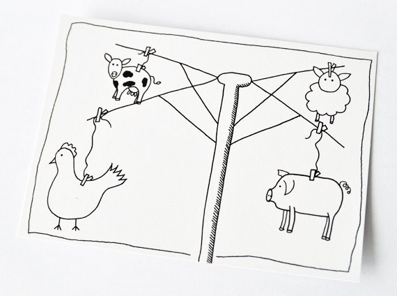 Farm animals postcard, illustrated and printed on recycled paper